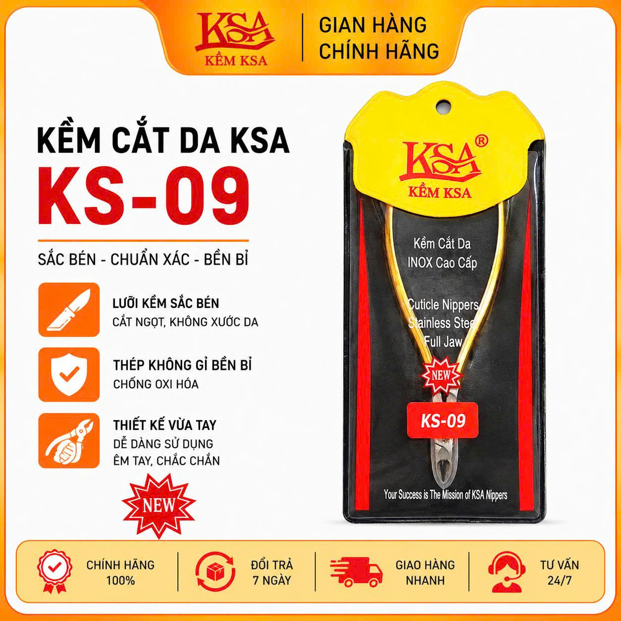 KỀM CẮT DA KSA AVET THÉP KHÔNG GỈ KS09 2 MANG VUÔNG VÀNG